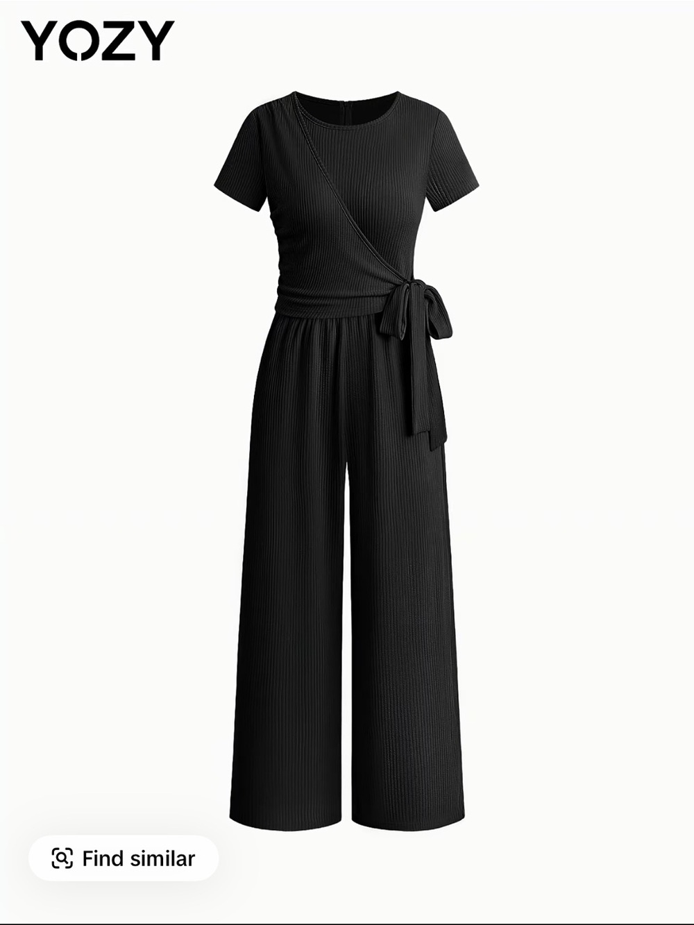 Black Ribbed Short-Sleeve Wrap Jumpsuit